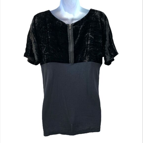 Lucky Brand Black Velvet 1/2 Zip Up Back Short Sleeve Top - Picture 5 of 13
